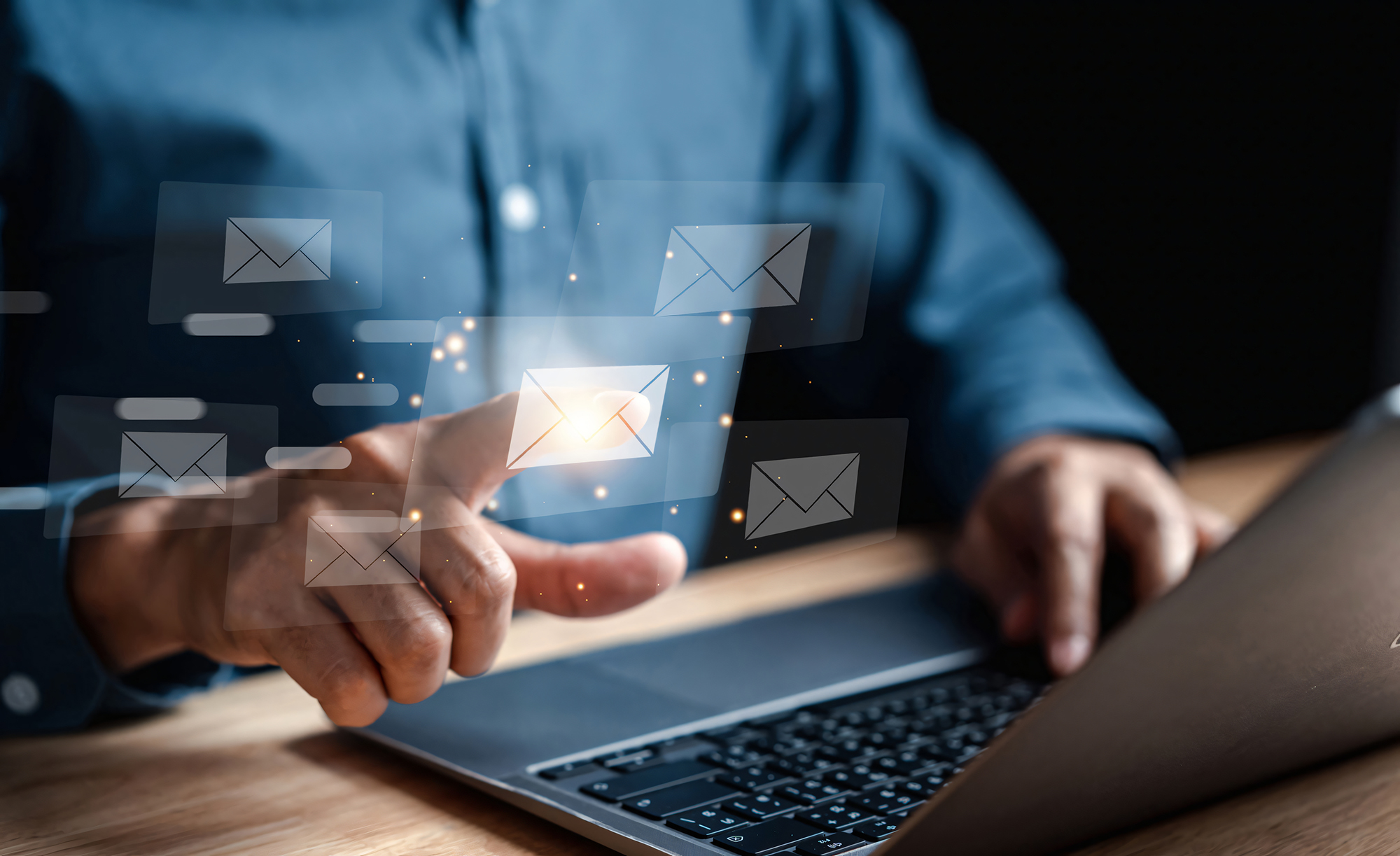 Businessman sending email by laptop computer to customer, business contact and communication, email icon, email marketing concept, send e-mail or newsletter, online working internet network